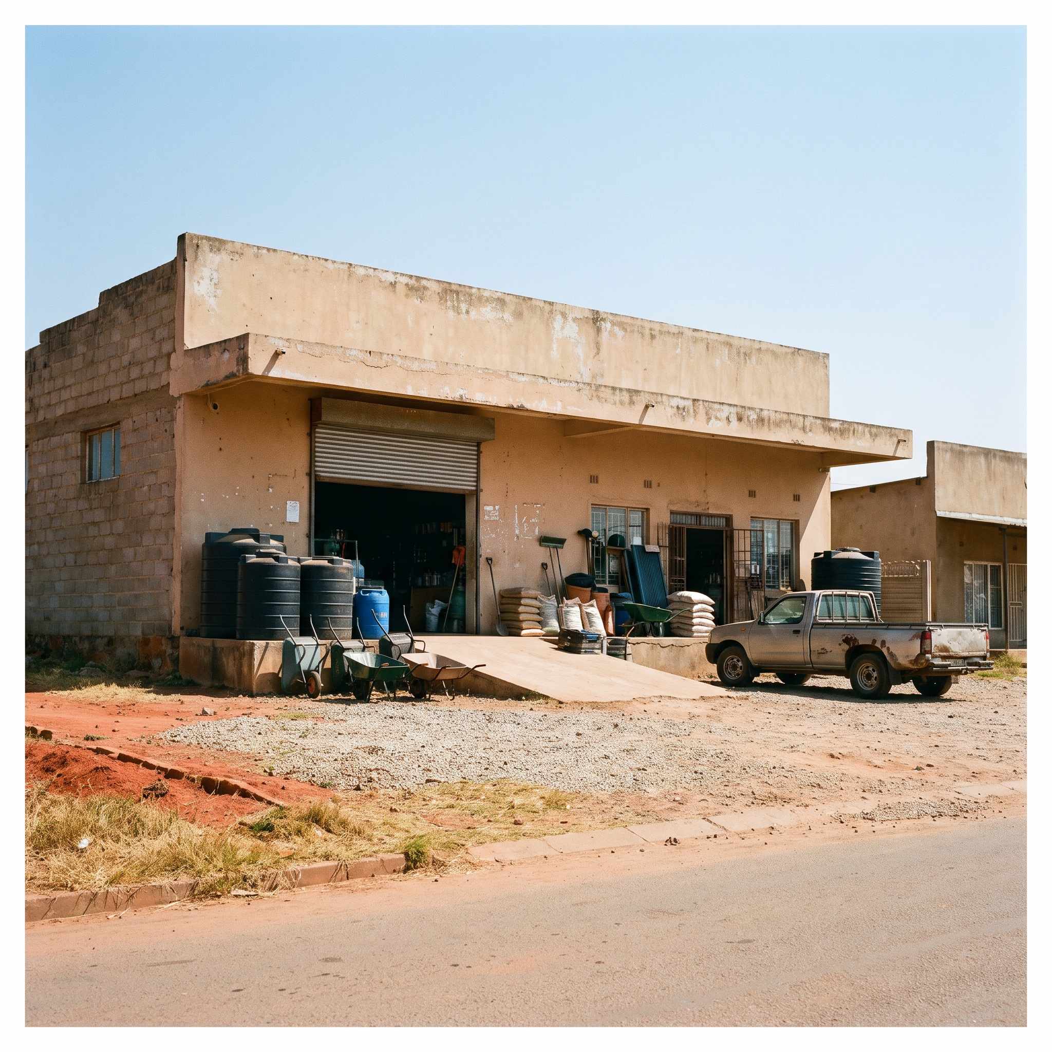 The shopfront on Kafue Road, with water tanks and wheelbarrows displayed out front.