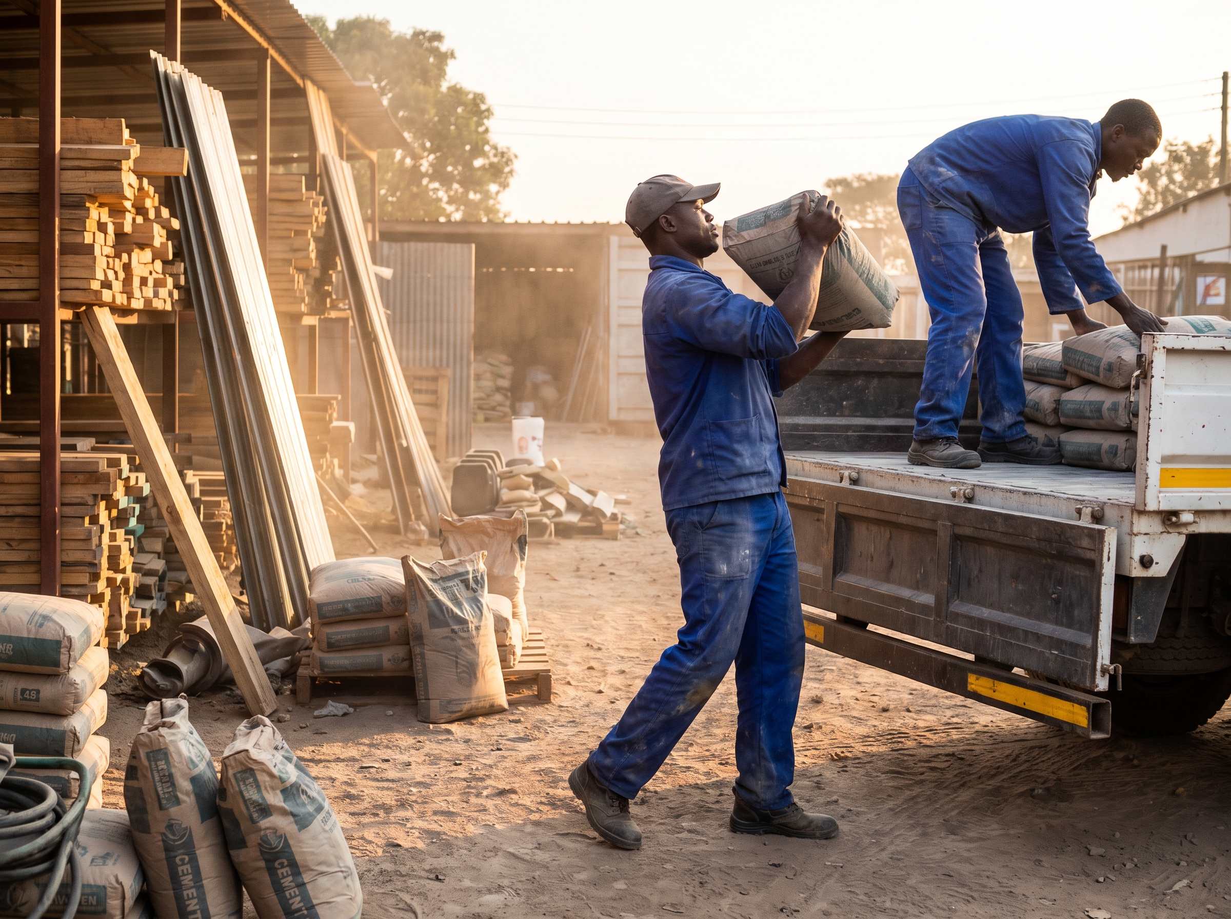 Two yard workers loading bags of cement onto a flatbed truck.
