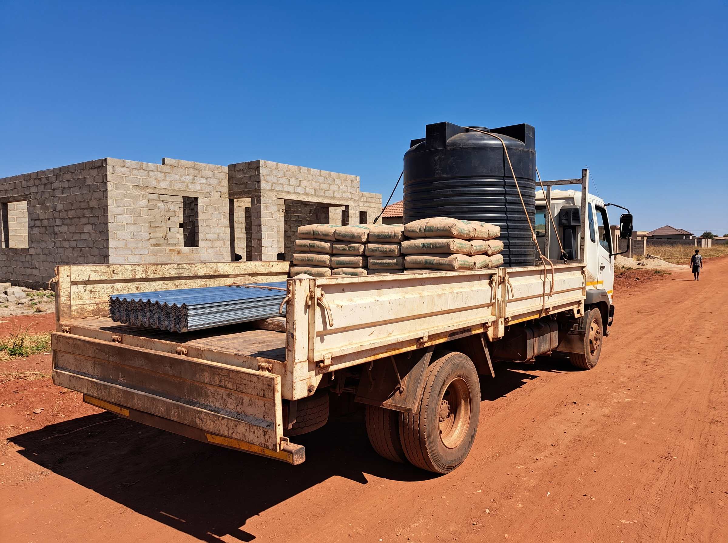 A flatbed truck loaded with cement, roofing sheets and a water tank at a building site.