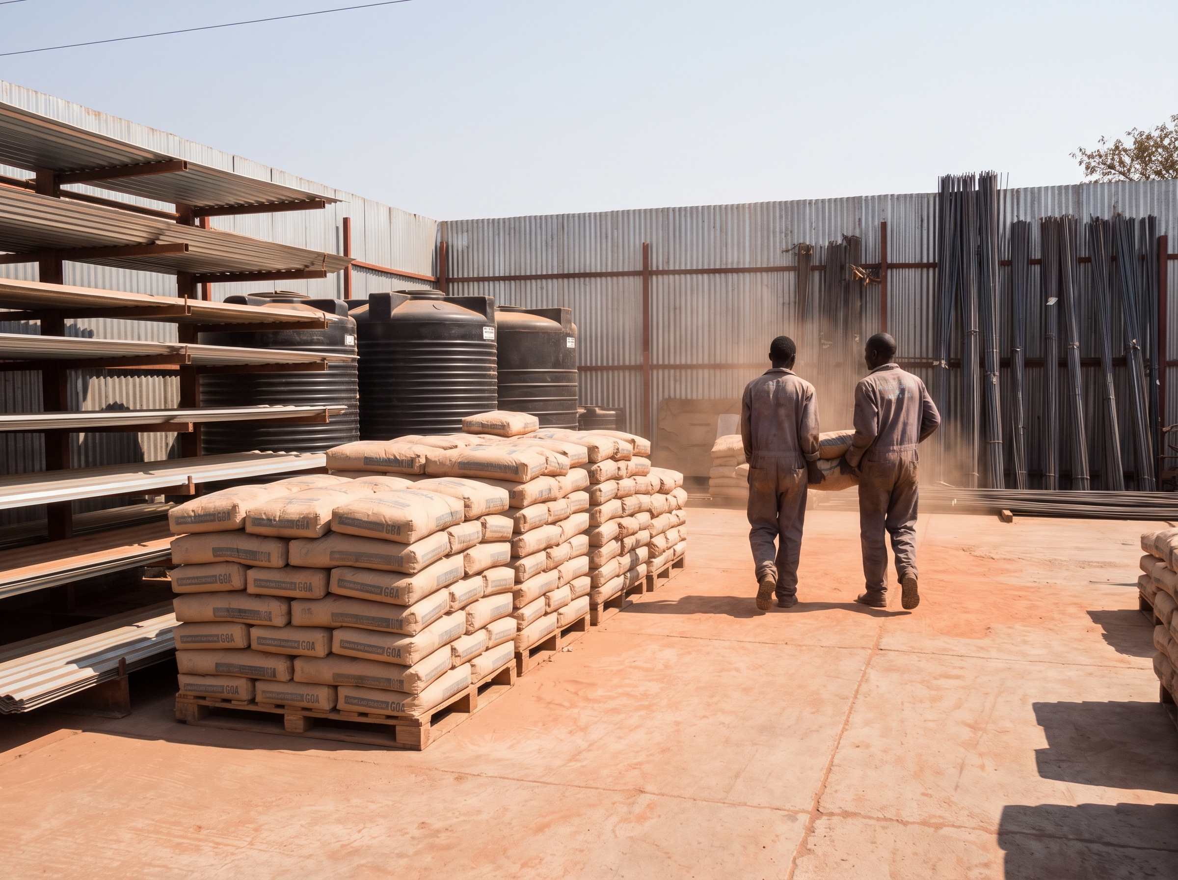 The Makeni yard, with cement stacked on pallets and roofing sheets racked behind.